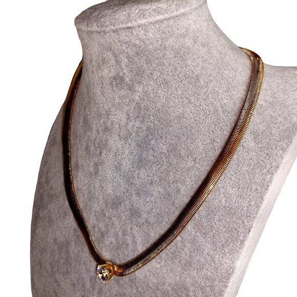1980s Majesty Collection Gold Tone Snake Chain Necklace and Single Clear Crystal - Picture 2 of 5